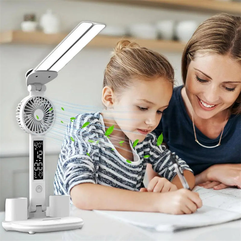 Lampe de bureau LED pliable 5-en-1 – Ventilateur, thermomètre, calendrier, porte-stylos