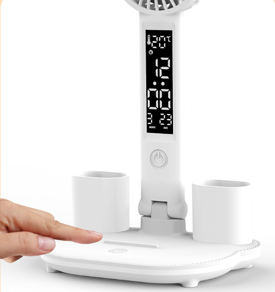 Lampe de bureau LED pliable 5-en-1 – Ventilateur, thermomètre, calendrier, porte-stylos