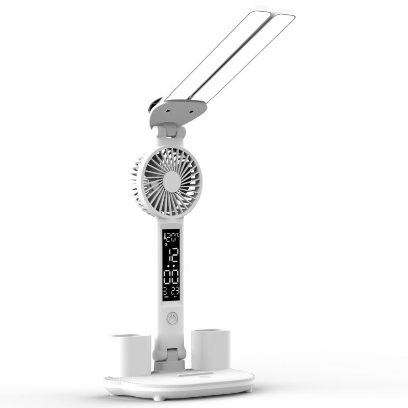 Lampe de bureau LED pliable 5-en-1 – Ventilateur, thermomètre, calendrier, porte-stylos