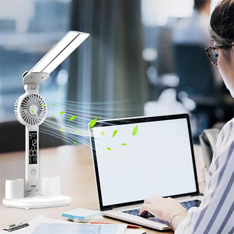 Lampe de bureau LED pliable 5-en-1 – Ventilateur, thermomètre, calendrier, porte-stylos
