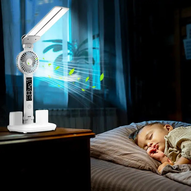 Lampe de bureau LED pliable 5-en-1 – Ventilateur, thermomètre, calendrier, porte-stylos