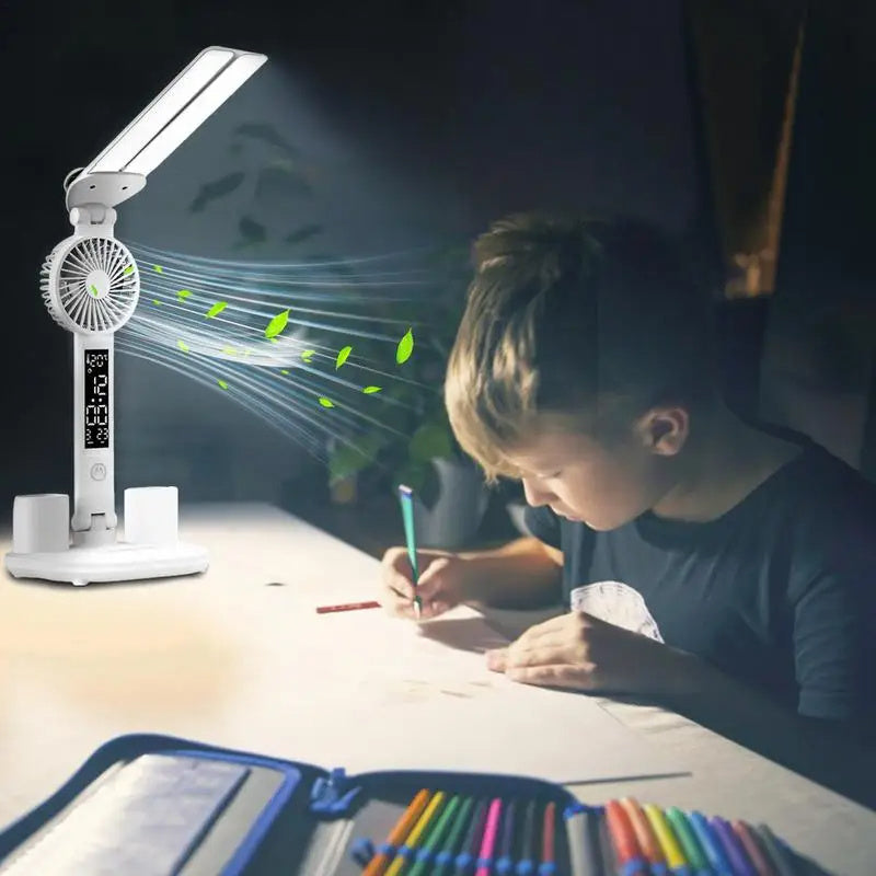 Lampe de bureau LED pliable 5-en-1 – Ventilateur, thermomètre, calendrier, porte-stylos