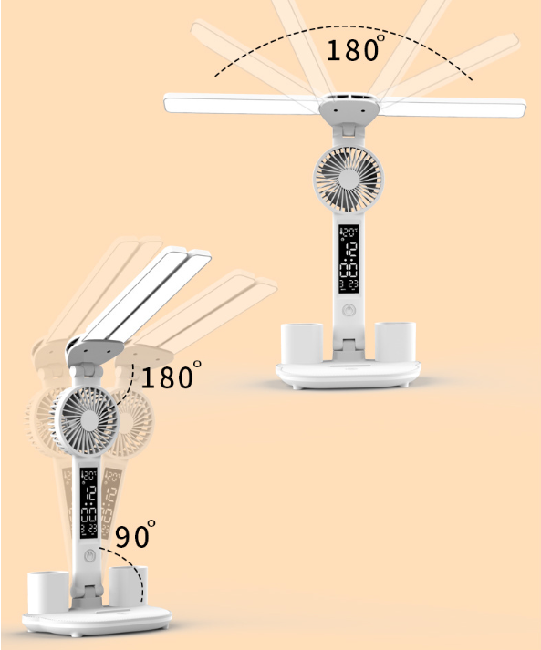 Lampe de bureau LED pliable 5-en-1 – Ventilateur, thermomètre, calendrier, porte-stylos