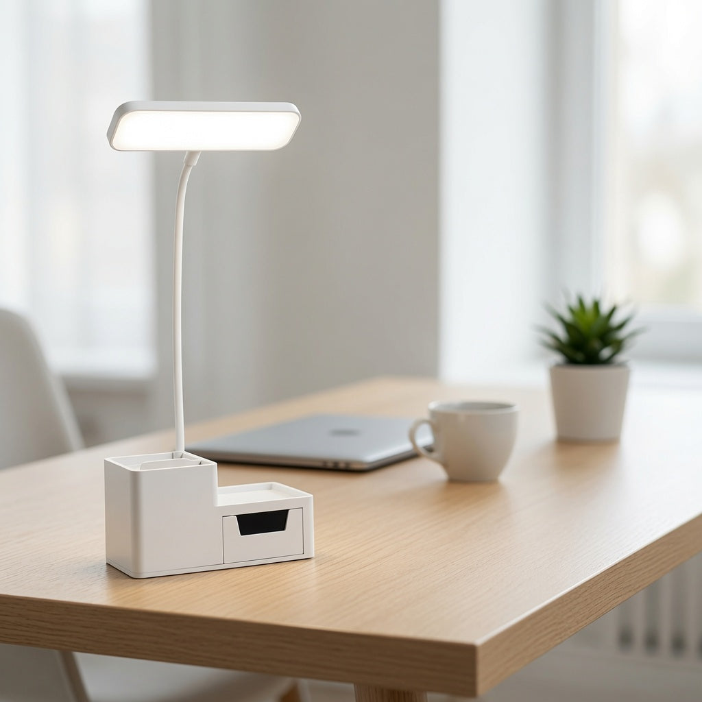 Lampe LED bureau avec porte-stylos – Protection oculaire, rechargeable, 4W, design minimaliste