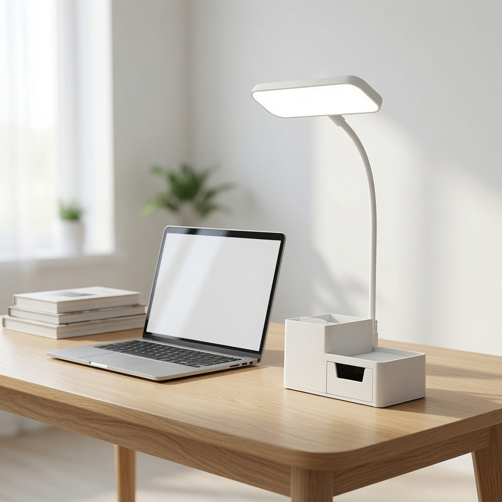 Lampe LED bureau avec porte-stylos – Protection oculaire, rechargeable, 4W, design minimaliste