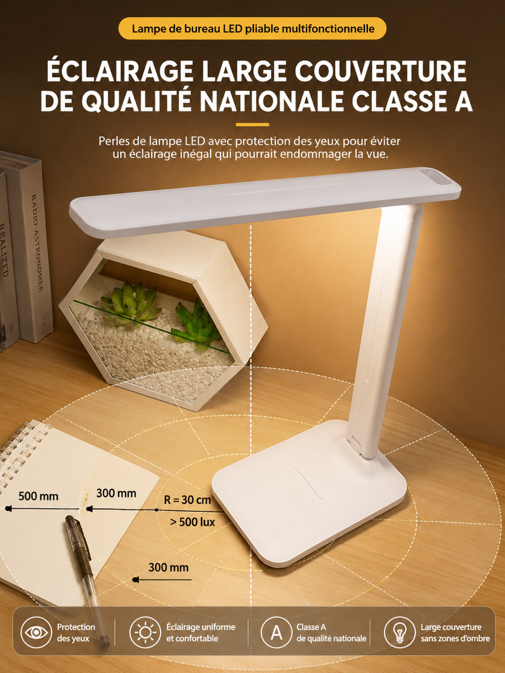 Lampe de bureau tactile LED – Protection oculaire, intensité réglable, batterie 1600 mAh rechargeable
