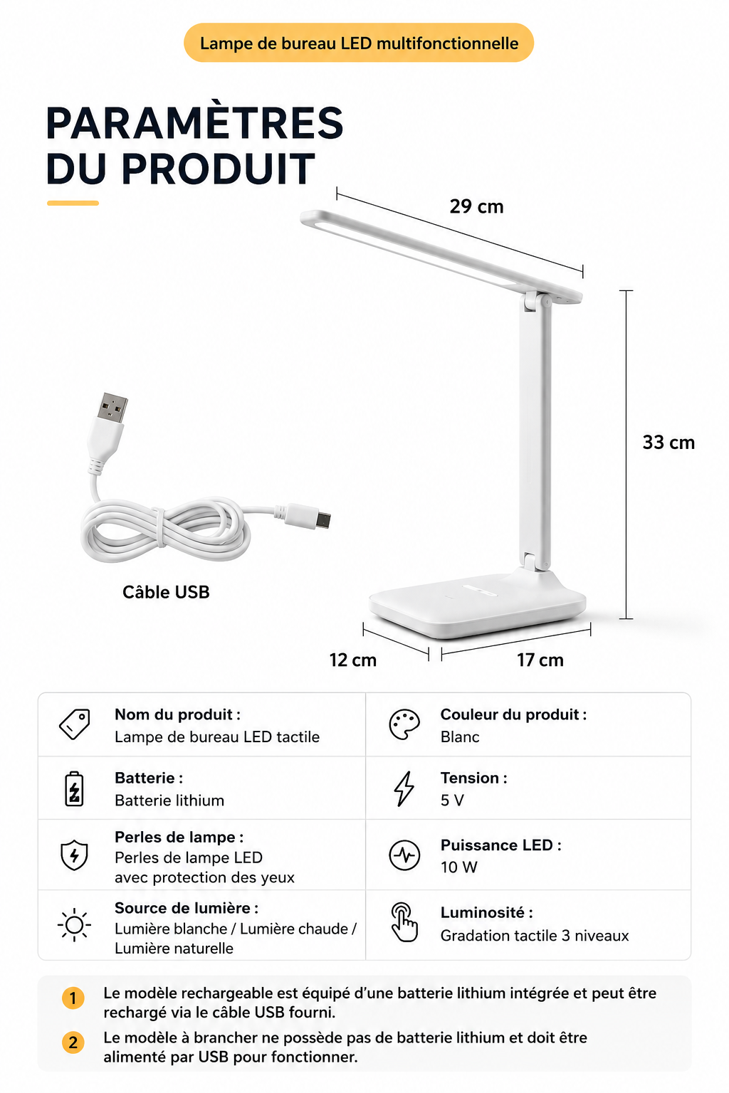 Lampe de bureau tactile LED – Protection oculaire, intensité réglable, batterie 1600 mAh rechargeable
