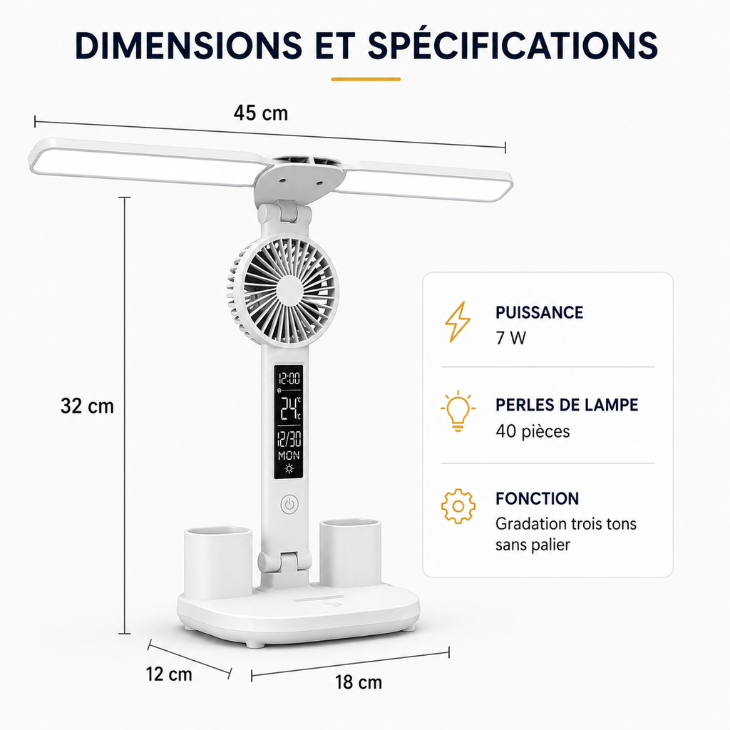 Lampe de bureau LED pliable 5-en-1 – Ventilateur, thermomètre, calendrier, porte-stylos