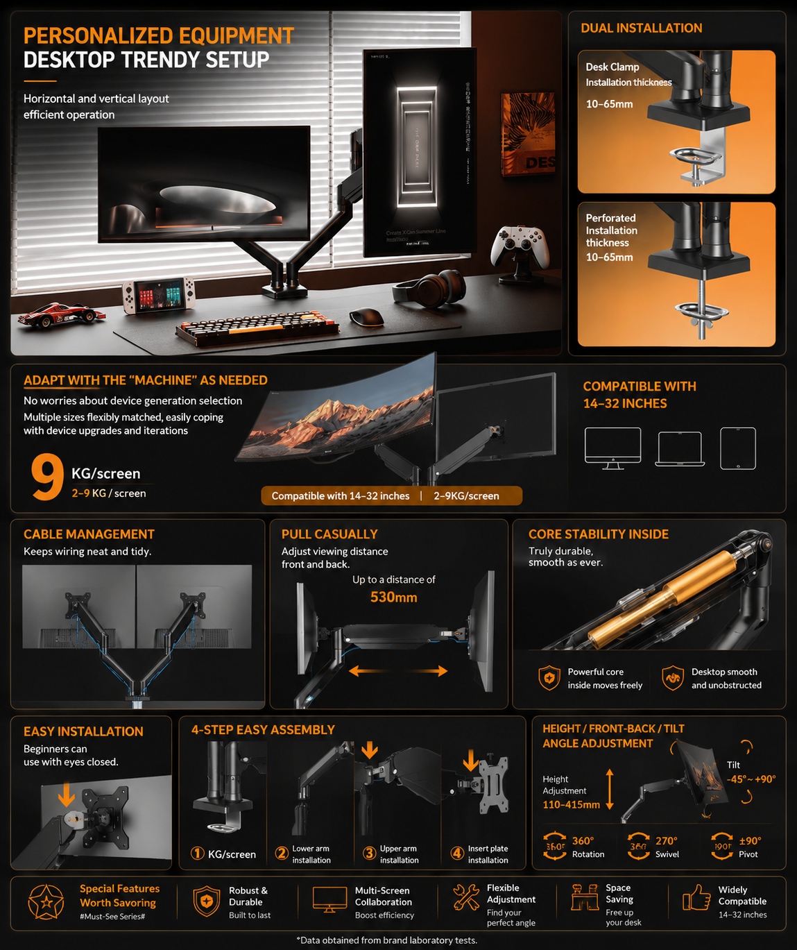 Bras support double moniteur – Hauteur réglable, aluminium, compatible écrans 14 à 32 pouces