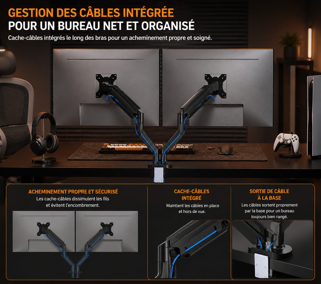 Bras support double moniteur – Hauteur réglable, aluminium, compatible écrans 14 à 32 pouces