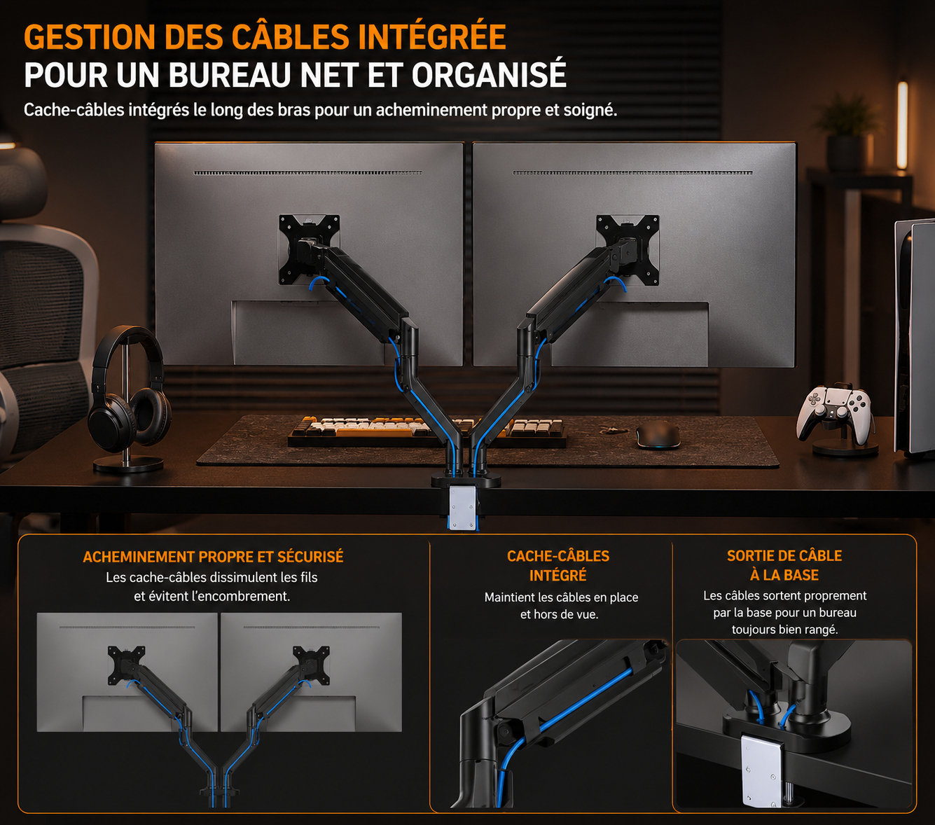 Bras support double moniteur – Hauteur réglable, aluminium, compatible écrans 14 à 32 pouces