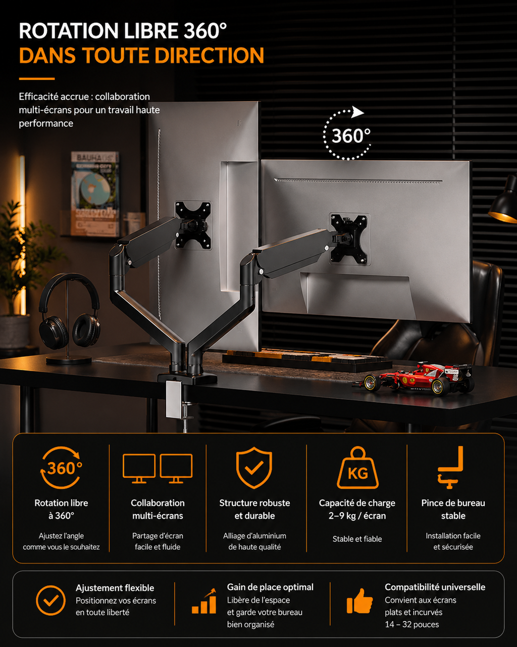 Bras support double moniteur – Hauteur réglable, aluminium, compatible écrans 14 à 32 pouces