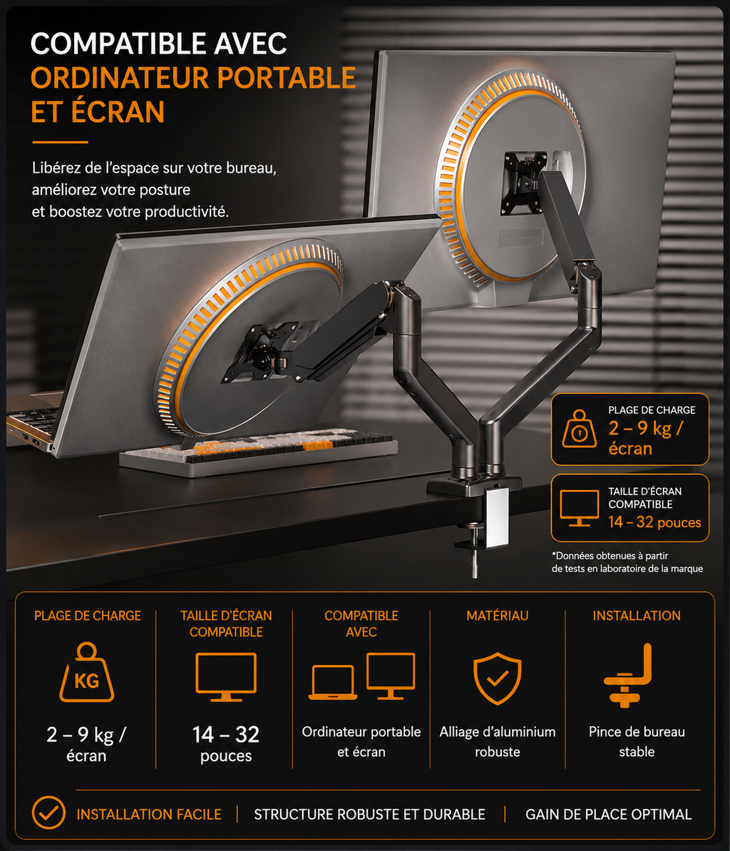 Bras support double moniteur – Hauteur réglable, aluminium, compatible écrans 14 à 32 pouces