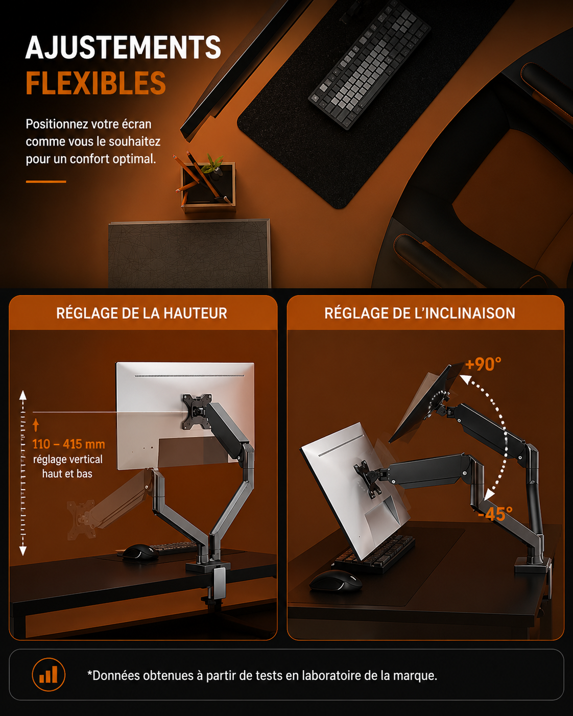 Bras support double moniteur – Hauteur réglable, aluminium, compatible écrans 14 à 32 pouces