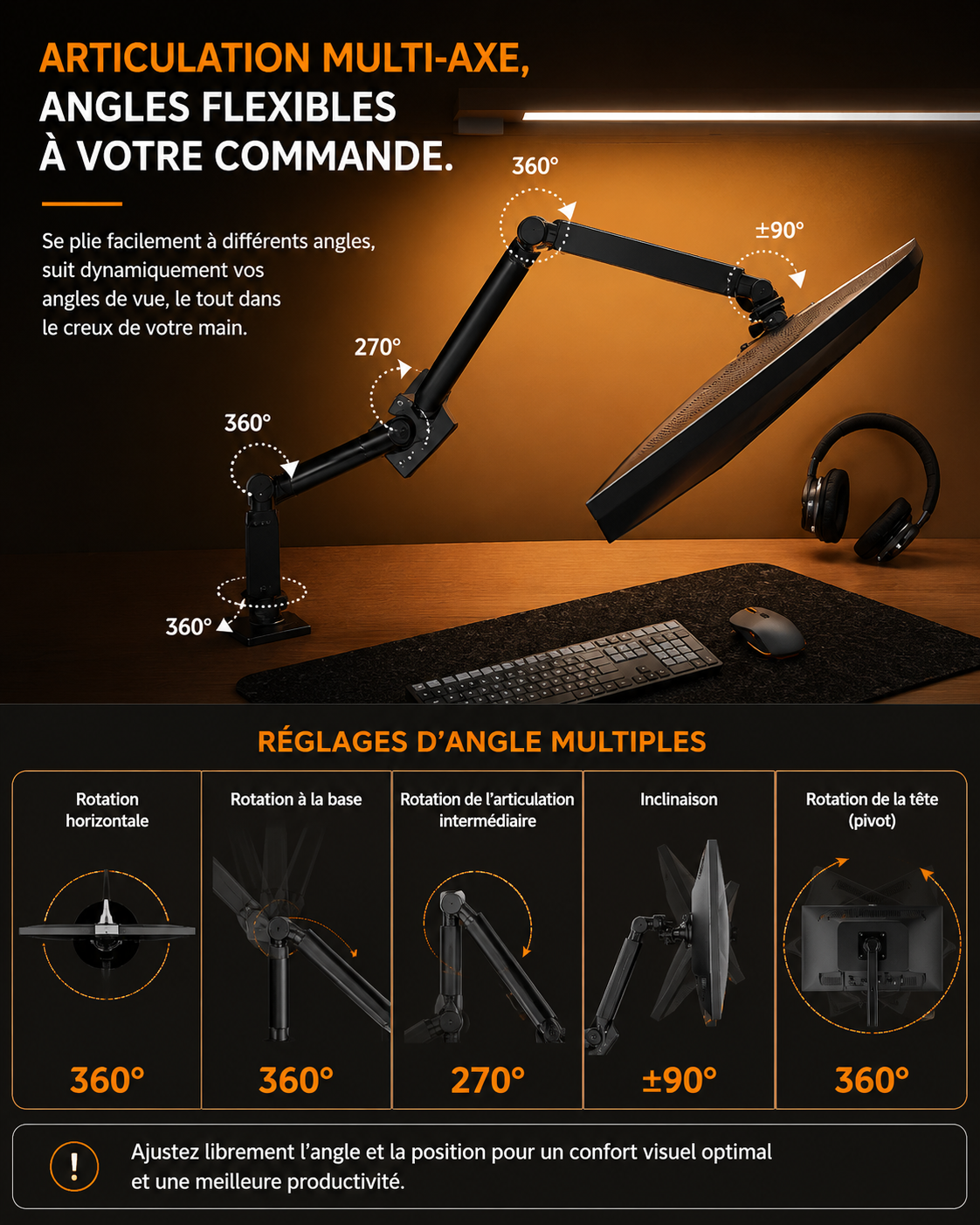 Bras support double moniteur – Hauteur réglable, aluminium, compatible écrans 14 à 32 pouces