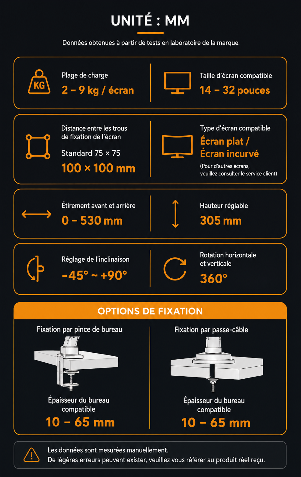 Bras support double moniteur – Hauteur réglable, aluminium, compatible écrans 14 à 32 pouces
