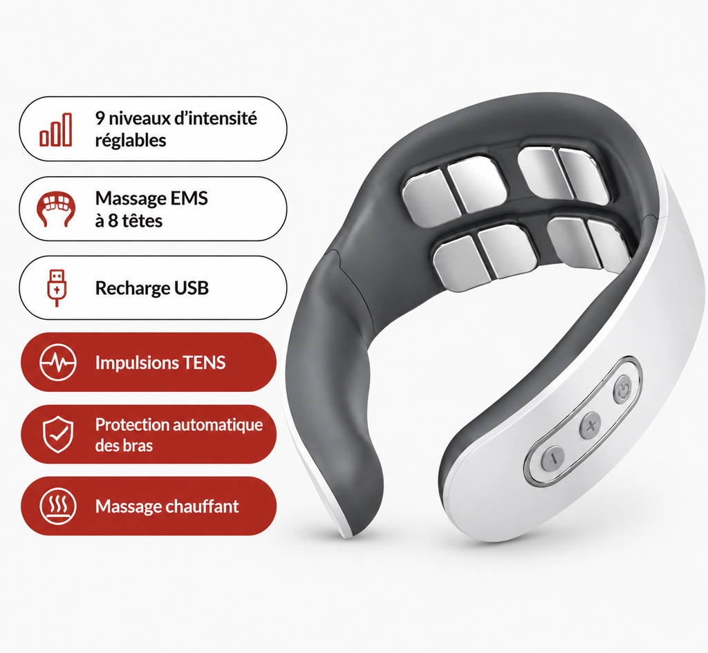 Masseur cervical portable – Chaleur + impulsions, rechargeable USB, 3 modèles