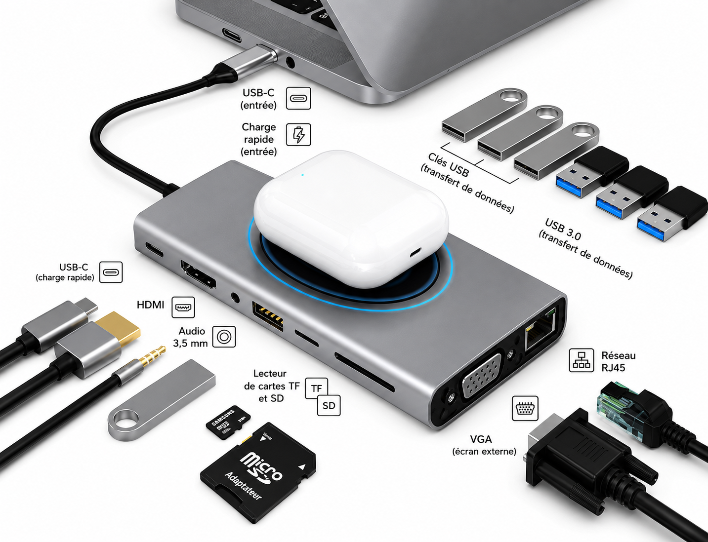 Hub USB-C multiport HDMI – Docking station pour MacBook et PC, jusqu'à 15-en-1