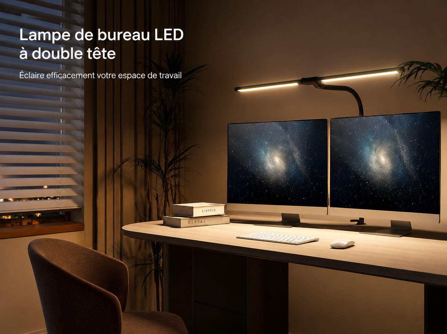 Lampe bureau double tête à pince – Protection oculaire, USB, timer 30 min, noir ou blanc