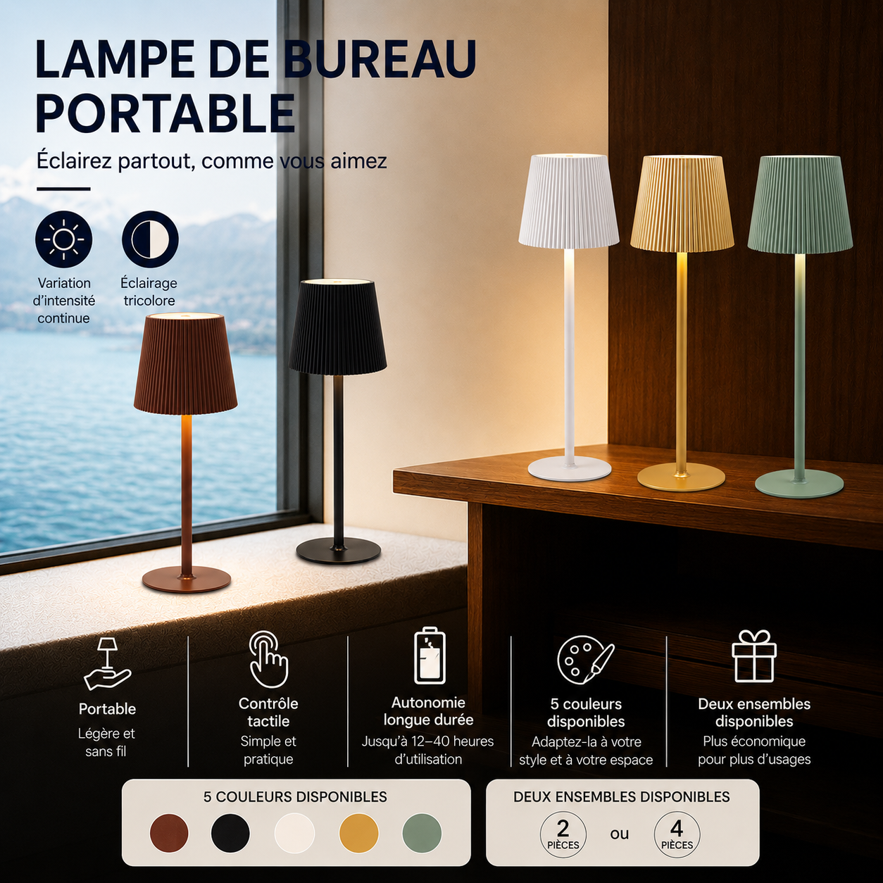 Lampe de bureau sans fil rechargeable – Design géométrique, 5 coloris, vendue seule ou en duo