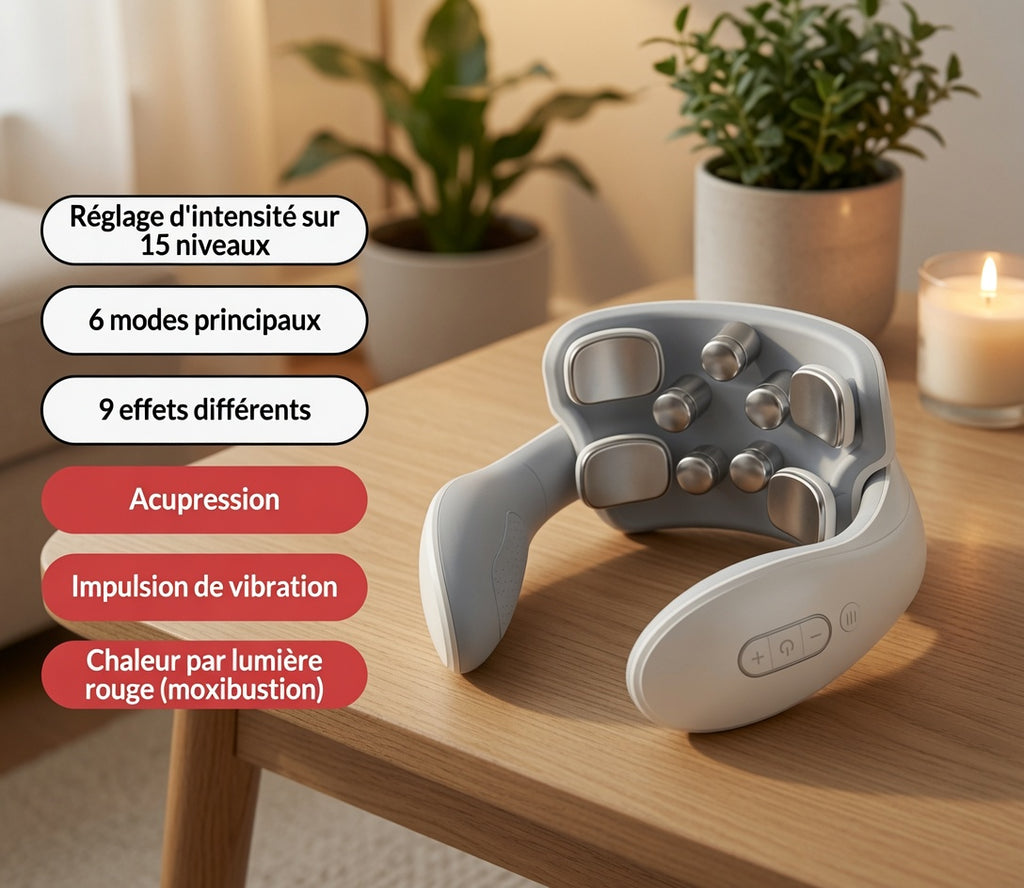 Masseur cervical portable – Chaleur + impulsions, rechargeable USB, 3 modèles