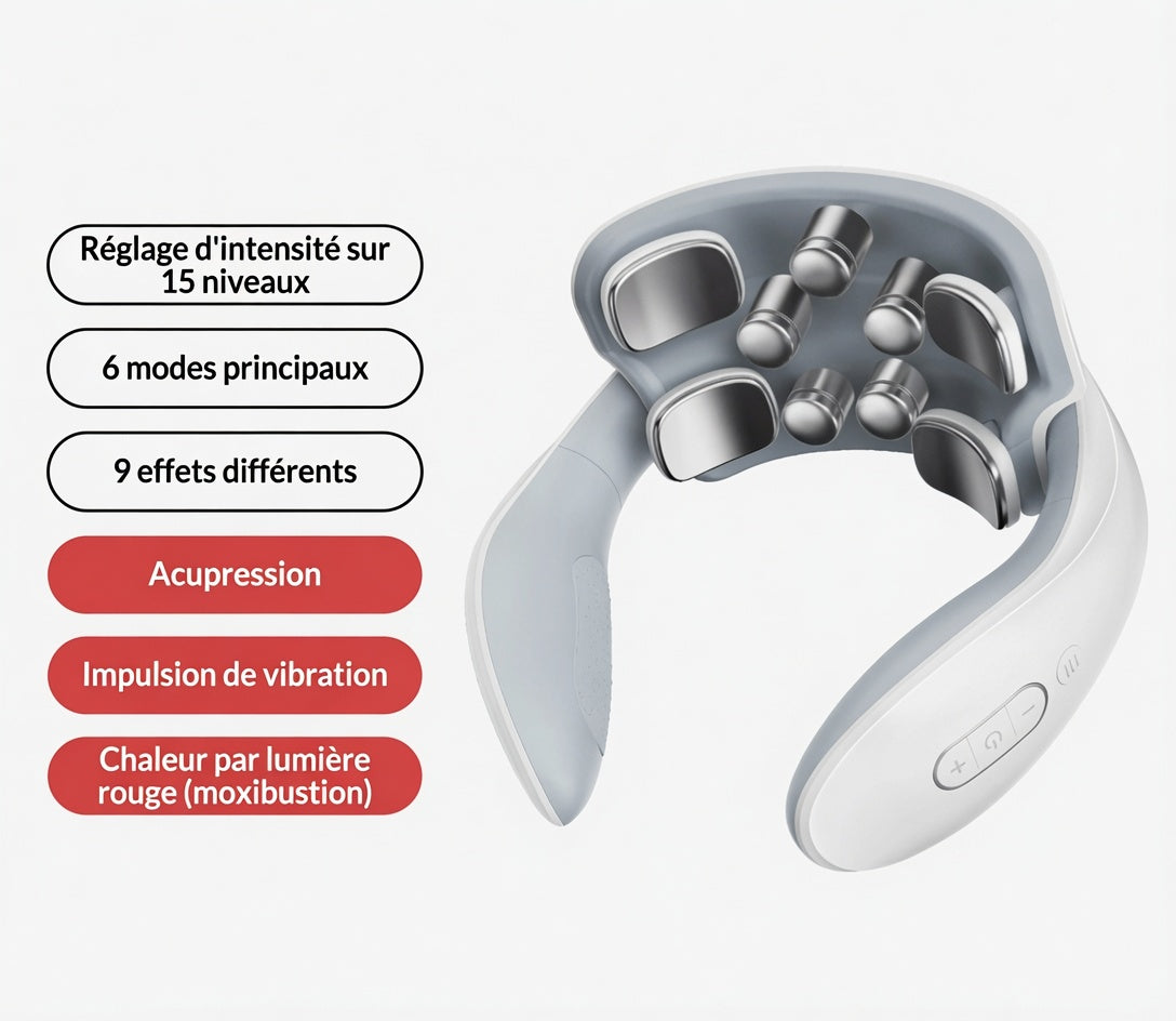 Masseur cervical portable – Chaleur + impulsions, rechargeable USB, 3 modèles