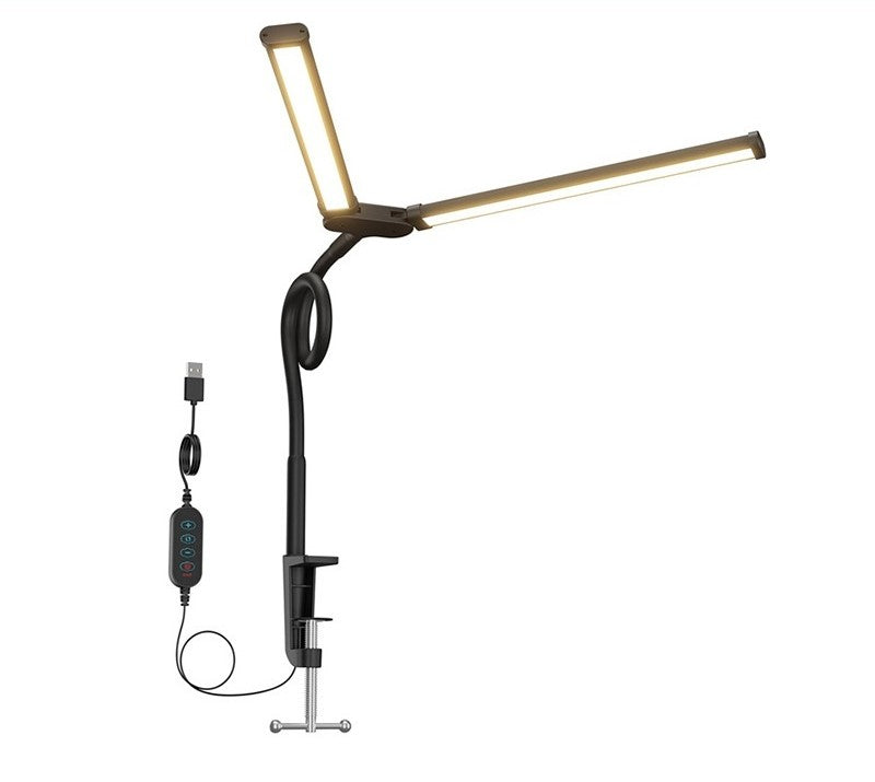 Lampe bureau double tête à pince – Protection oculaire, USB, timer 30 min, noir ou blanc