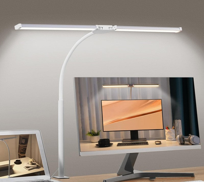 Lampe bureau double tête à pince – Protection oculaire, USB, timer 30 min, noir ou blanc